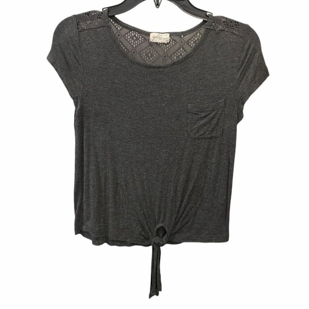 Glitz Womens M Gray Tie Front Shirt Lace Back Open Knit Short Sleeve Round Neck